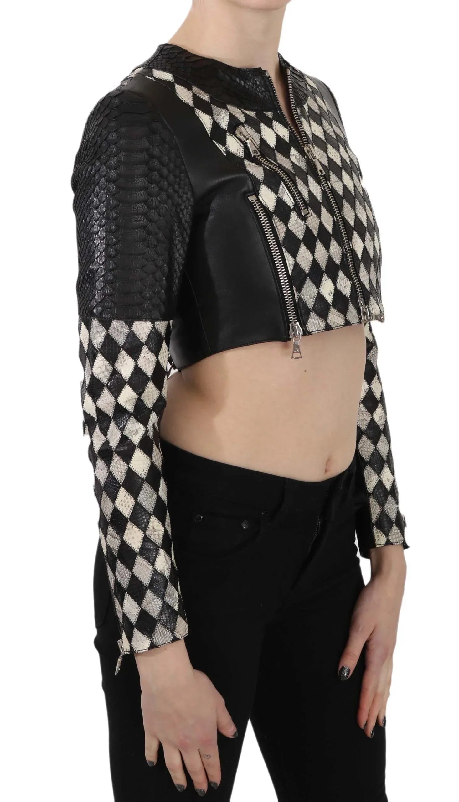 John Richmond Black White Leather Short Cropped Biker Jacket Coat - Zeiniez