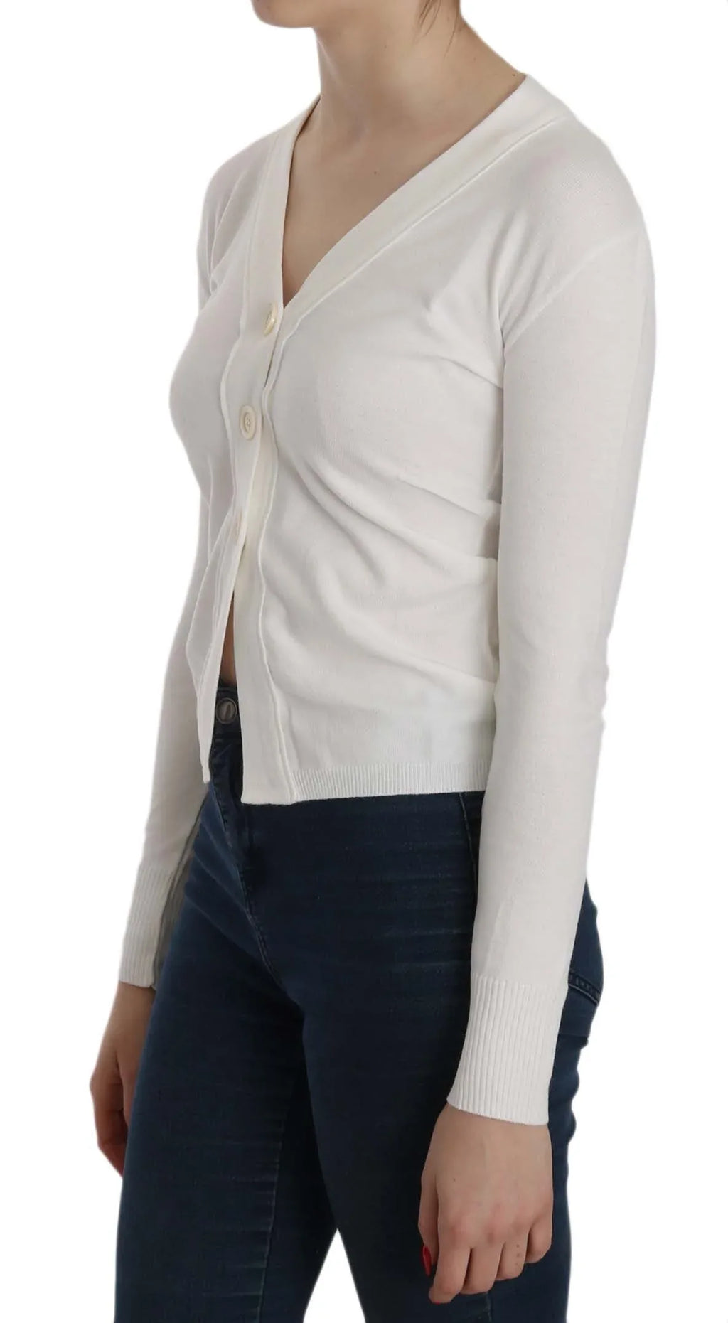 BYBLOS White V-neck Long Sleeve Cropped Cardigan Tops Sweater - Zeiniez