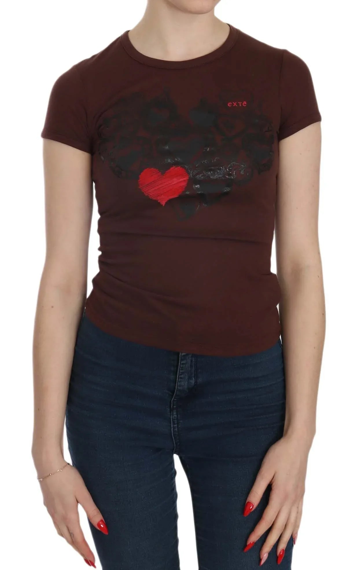 Exte Brown Hearts Short Sleeve Casual T-shirt Top - Zeiniez