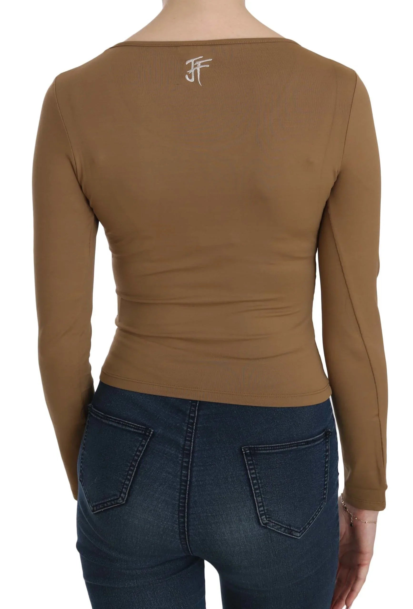 GF Ferre Brown Long Round Neck Sleeve Fitted Shirt Tops Blouse - Zeiniez