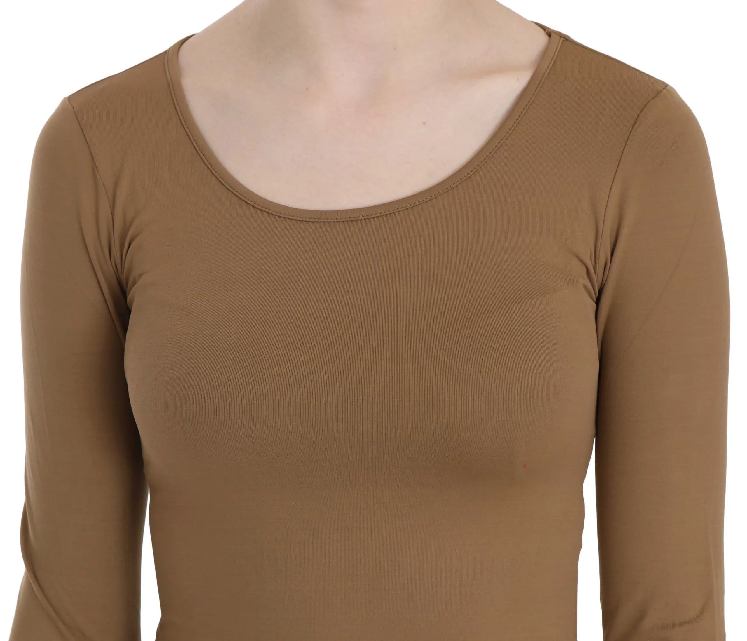 GF Ferre Brown Long Round Neck Sleeve Fitted Shirt Tops Blouse - Zeiniez