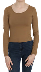 GF Ferre Brown Long Round Neck Sleeve Fitted Shirt Tops Blouse - Zeiniez