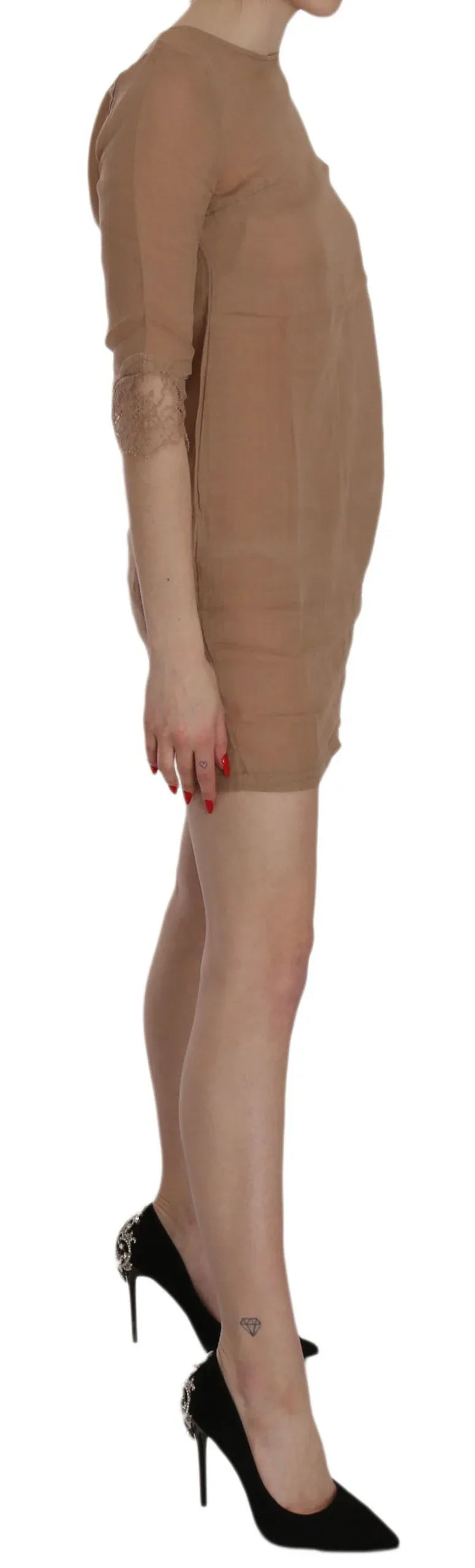 PINK MEMORIES Brown 3/4 Sleeve Crewneck Shift Mini Dress - Zeiniez