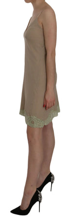 PINK MEMORIES Beige Lace Spaghetti Strap Mini Cotton Dress - Zeiniez