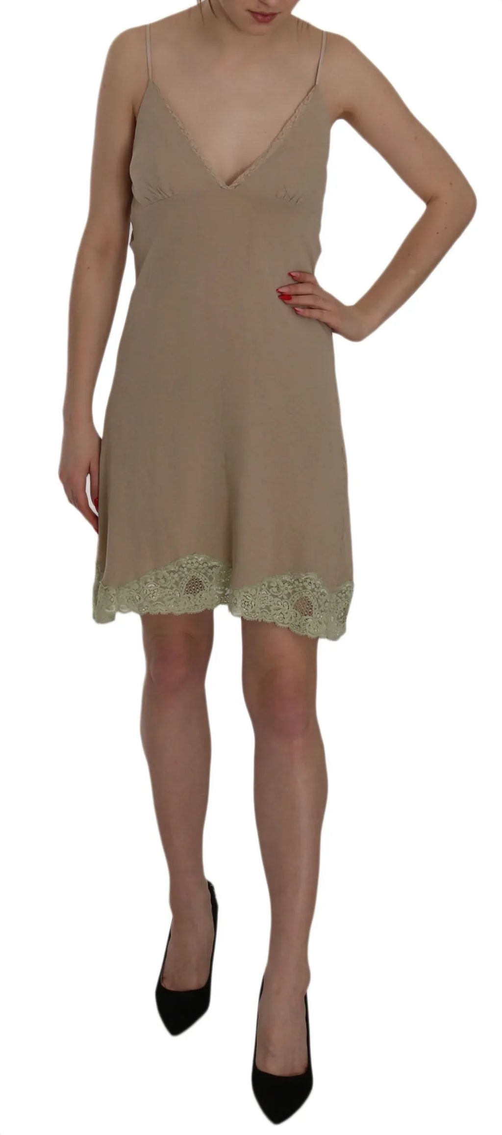 PINK MEMORIES Beige Lace Spaghetti Strap Mini Cotton Dress - Zeiniez