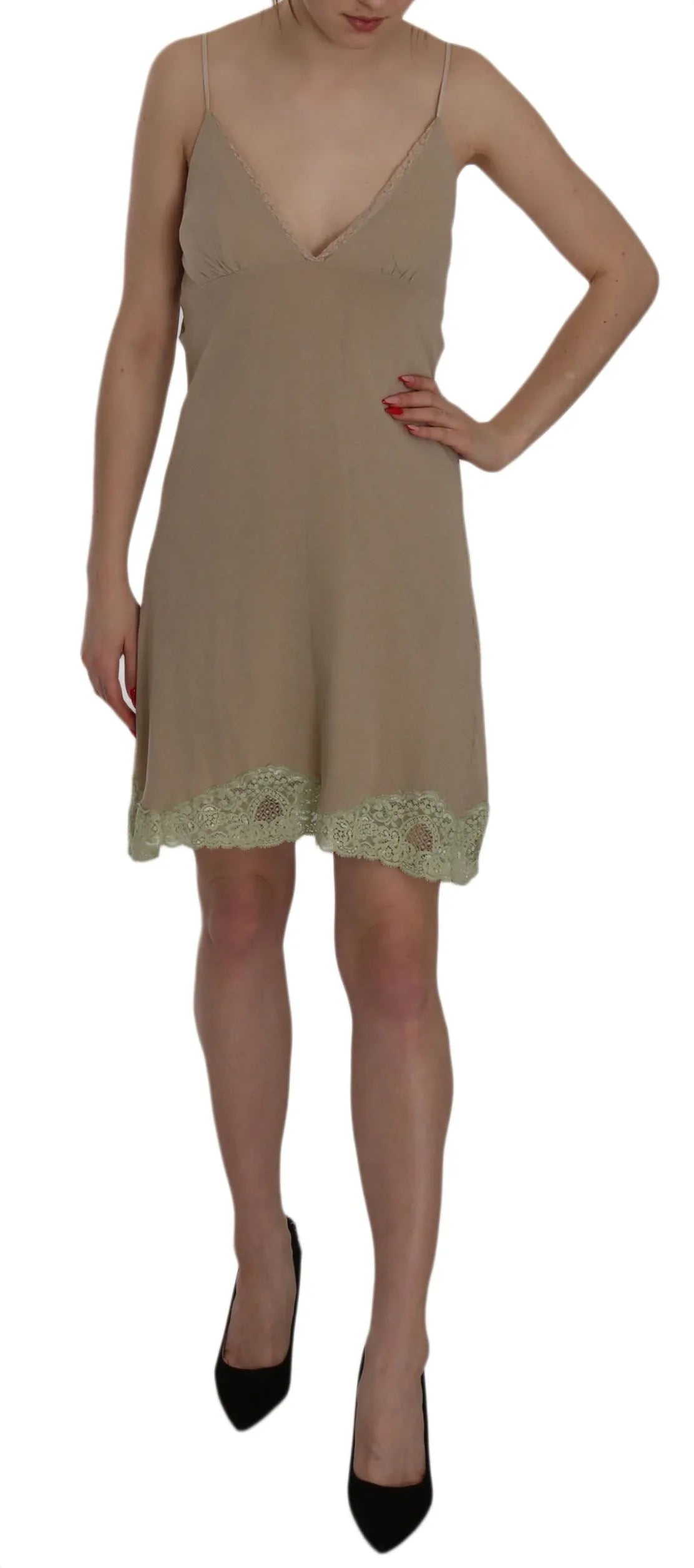 PINK MEMORIES Beige Lace Spaghetti Strap Mini Cotton Dress - Zeiniez