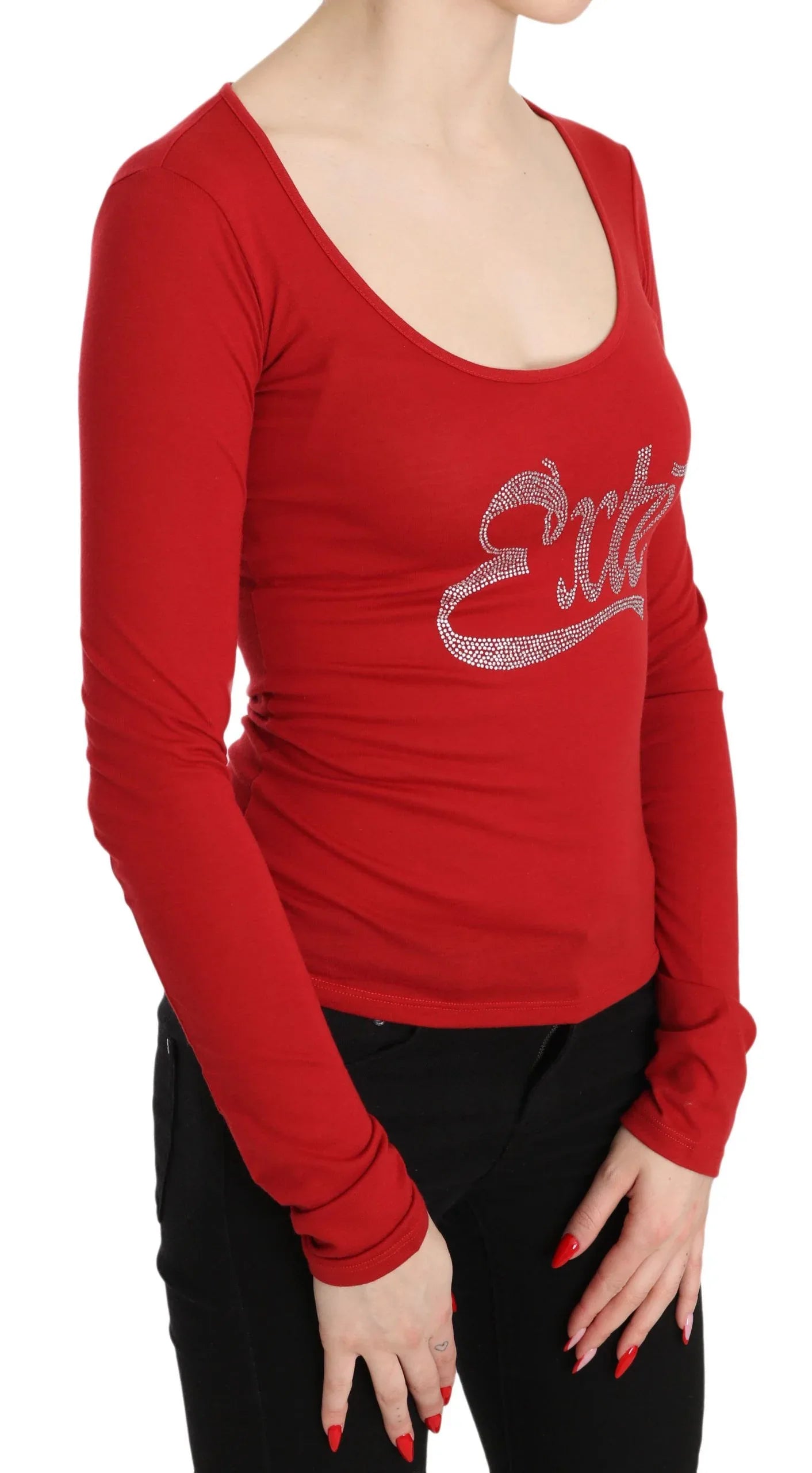 Red Exte Crystal Embellished Long Sleeve Top Blouse - Zeiniez