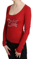 Red Exte Crystal Embellished Long Sleeve Top Blouse - Zeiniez