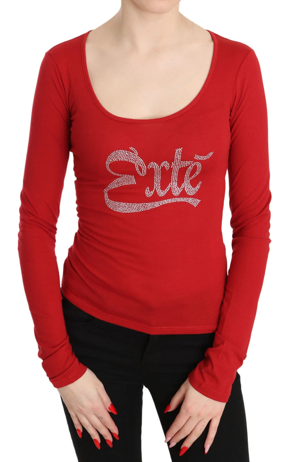 Red Exte Crystal Embellished Long Sleeve Top Blouse - Zeiniez