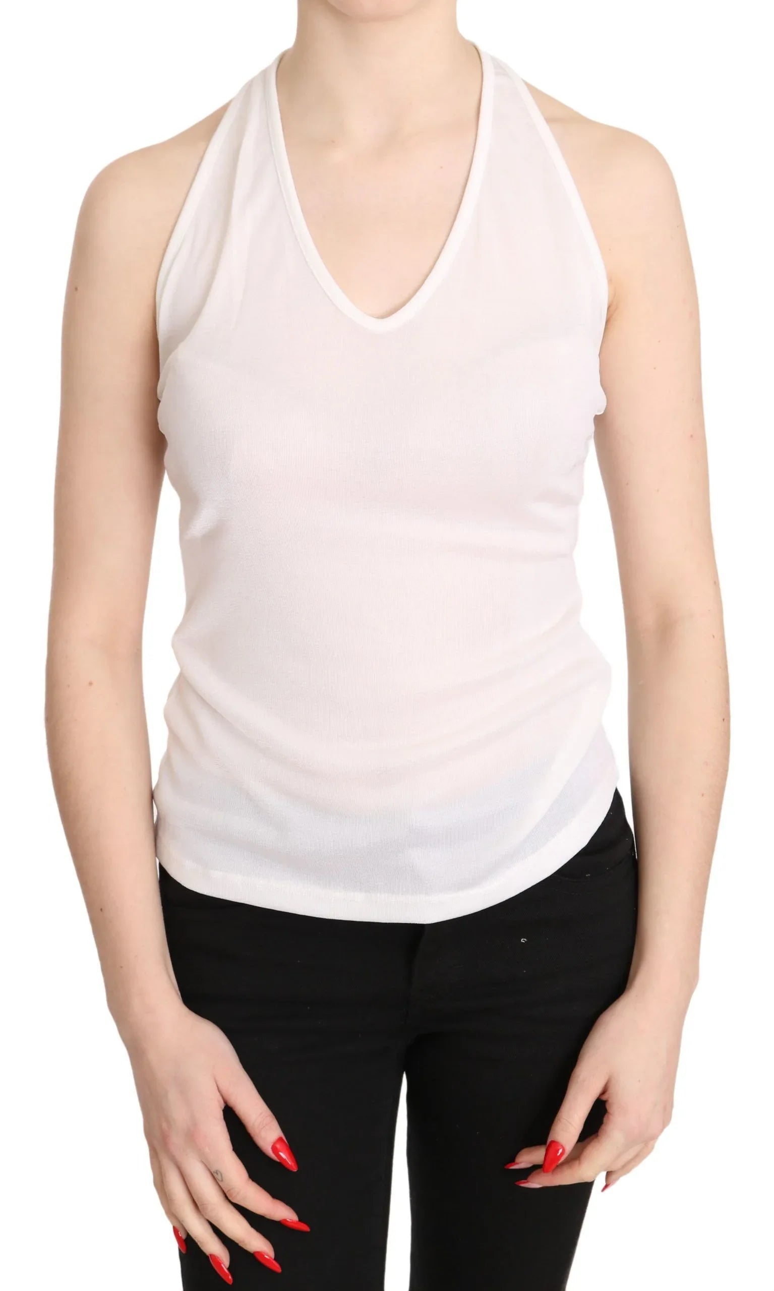 GF Ferre White Halter Cotton Sleeveless Casual Tank Top Blouse - Zeiniez