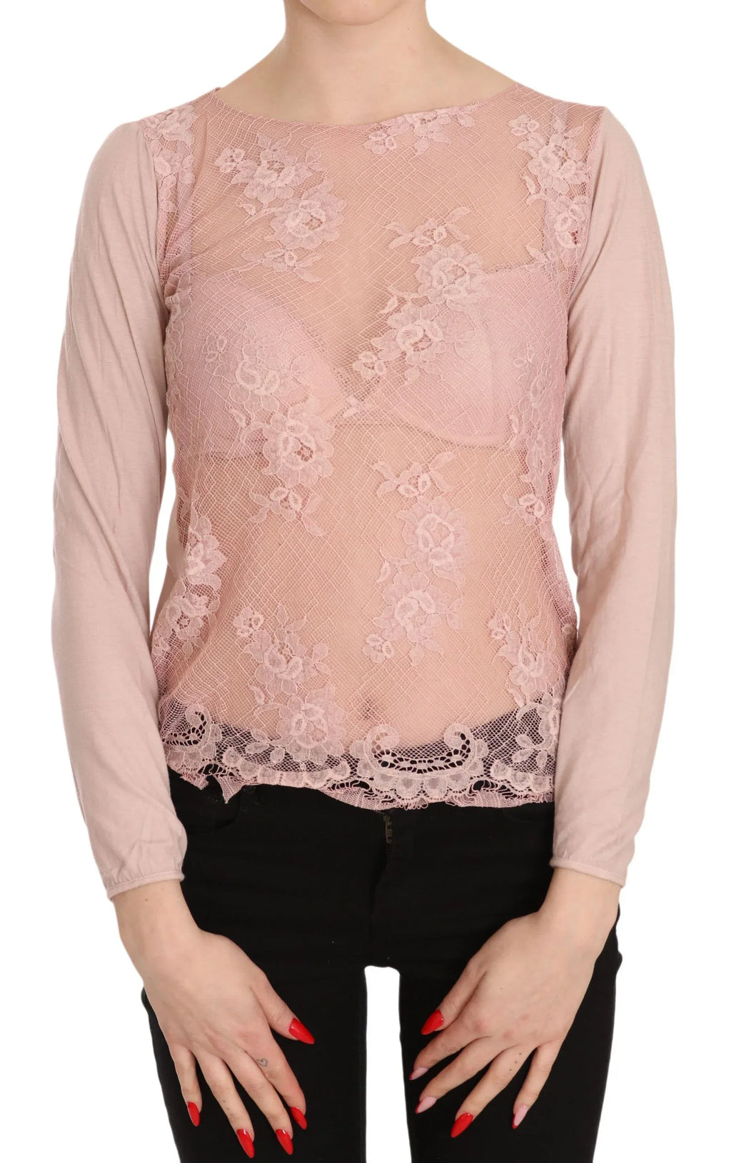 PINK MEMORIES Pink Lace See Through Long Sleeve Top Blouse - Zeiniez