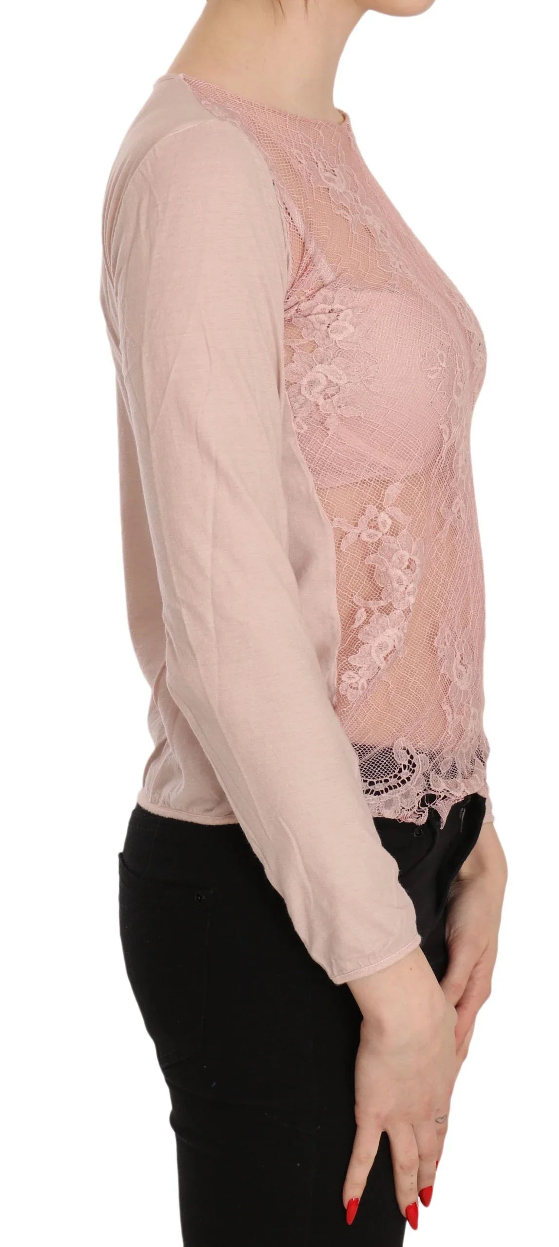 PINK MEMORIES Pink Lace See Through Long Sleeve Top Blouse - Zeiniez