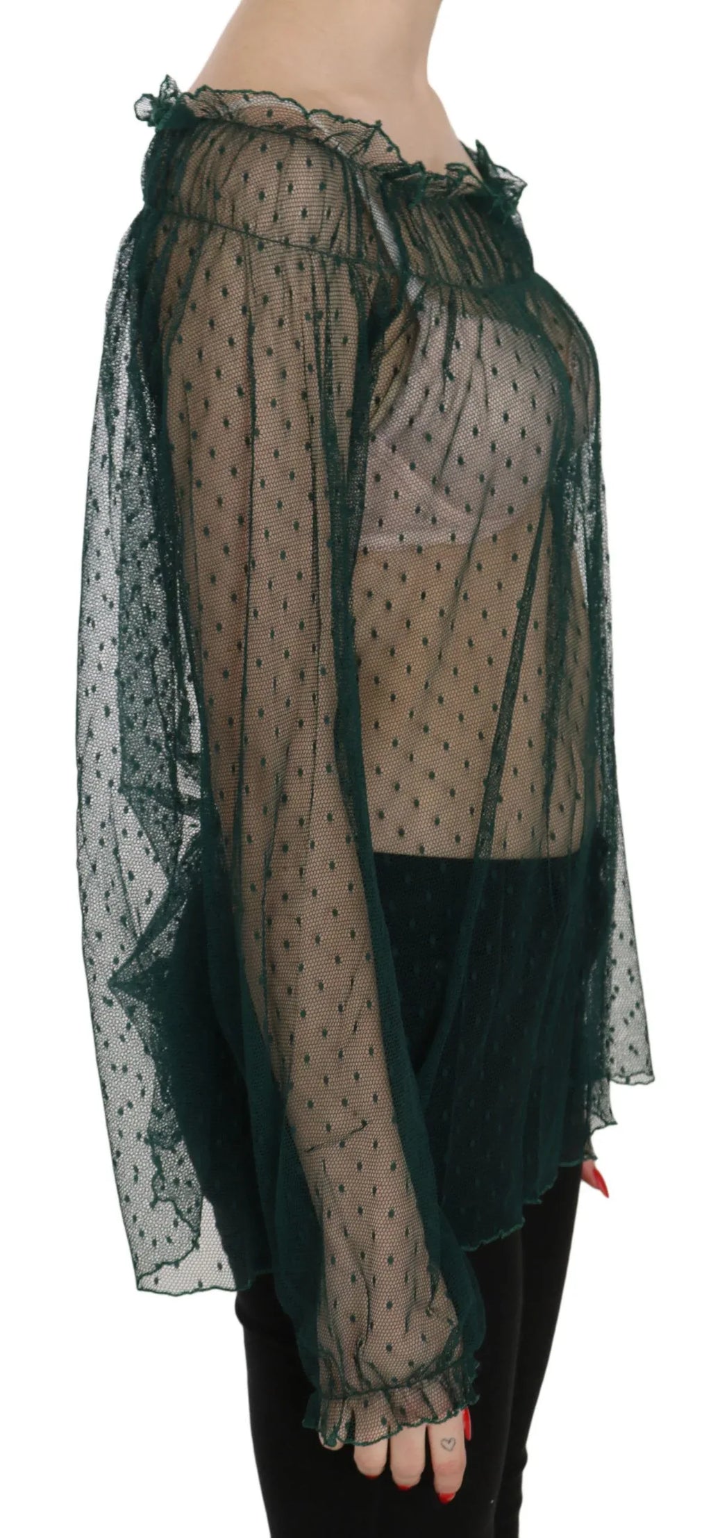 PINK MEMORIES Green Mesh See Through Long Sleeve Top Blouse - Zeiniez