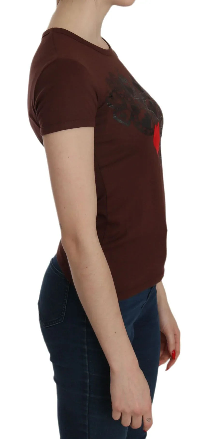 Exte Brown Heart Print Crew Neck T-shirt Short Sleeve Blouse - Zeiniez