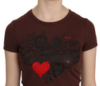 Exte Brown Heart Print Crew Neck T-shirt Short Sleeve Blouse - Zeiniez