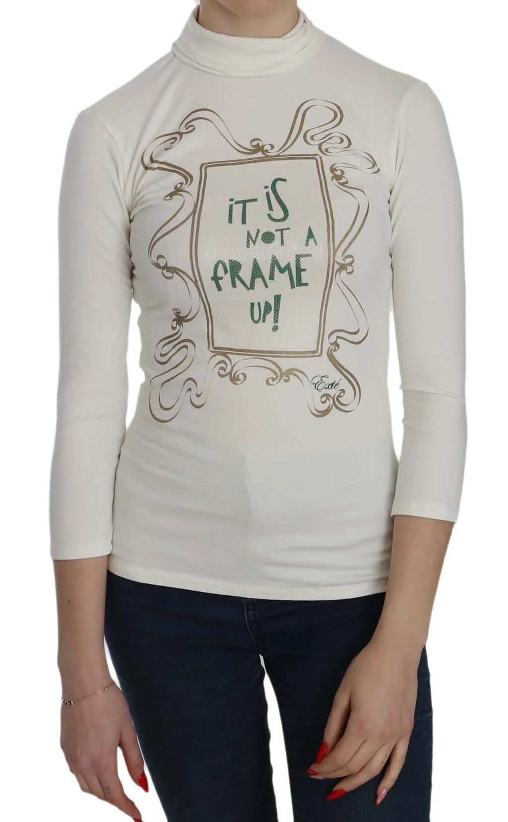 Exte White Printed Turtle Neck 3/4 Sleeve Top Cotton Blouse - Zeiniez