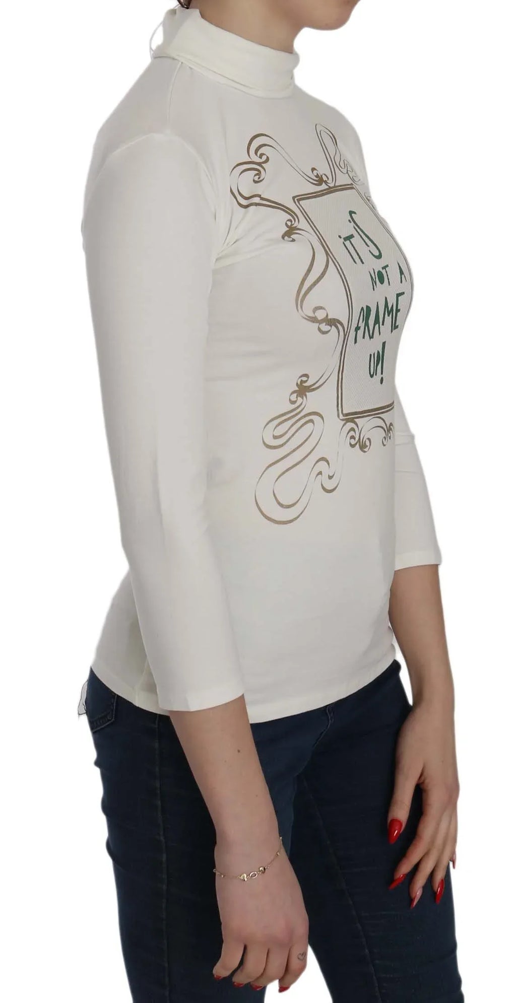 Exte White Printed Turtle Neck 3/4 Sleeve Top Cotton Blouse - Zeiniez