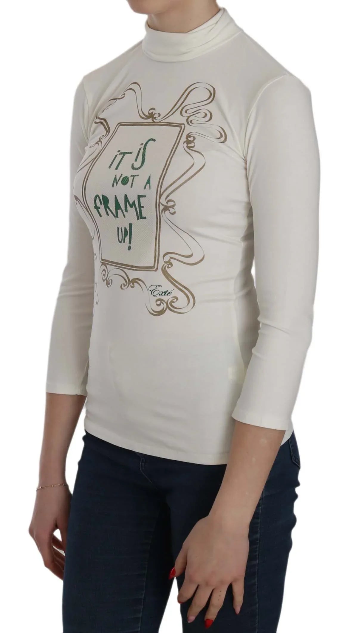 Exte White Printed Turtle Neck 3/4 Sleeve Top Cotton Blouse - Zeiniez
