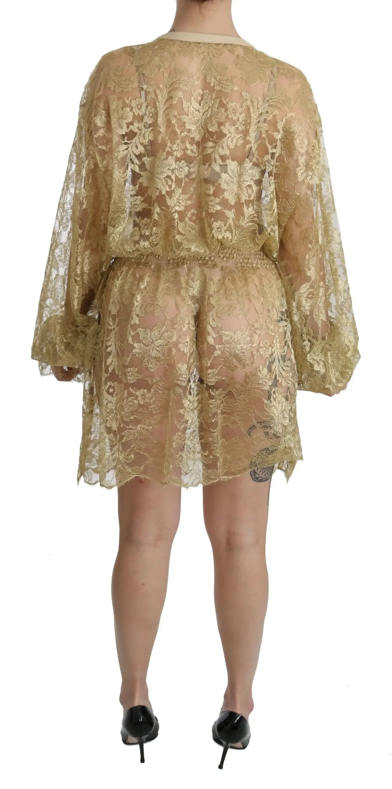 Dolce & Gabbana Gold Lace See Through A-Line Knee Length Dress - Zeiniez