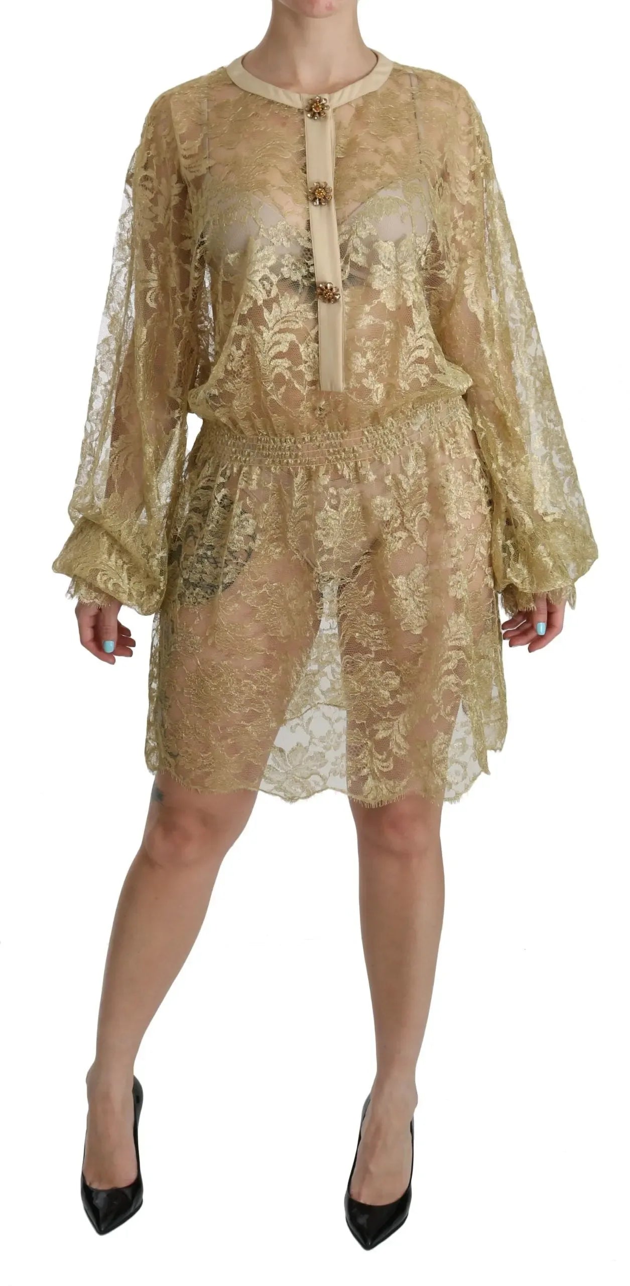 Dolce & Gabbana Gold Lace See Through A-Line Knee Length Dress - Zeiniez