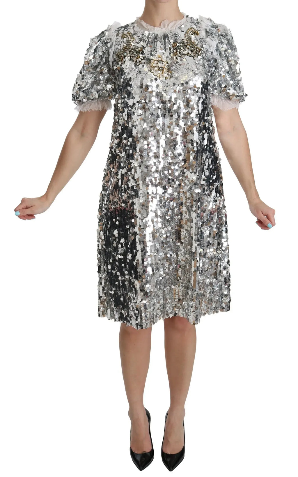 Dolce & Gabbana Silver Sequined Crystal Shift Gown Dress - Zeiniez