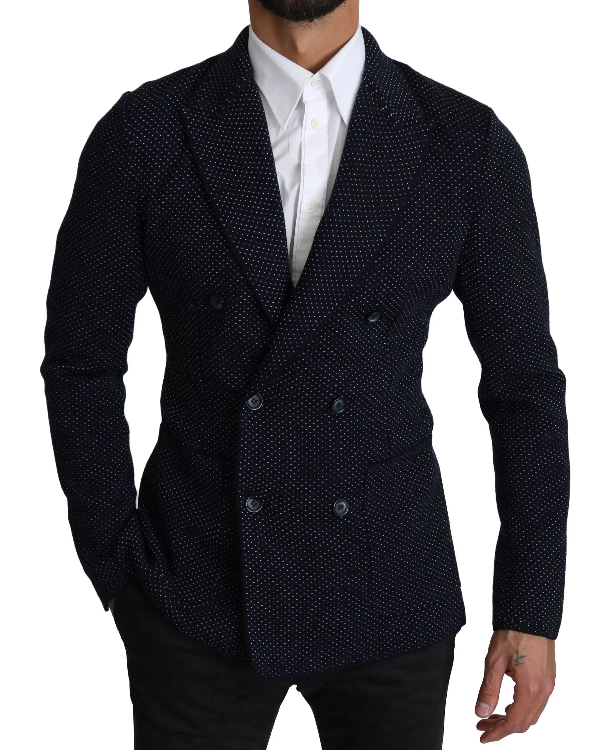 Dolce & Gabbana Dark Blue Dotted Double Breasted Coat Blazer - Zeiniez