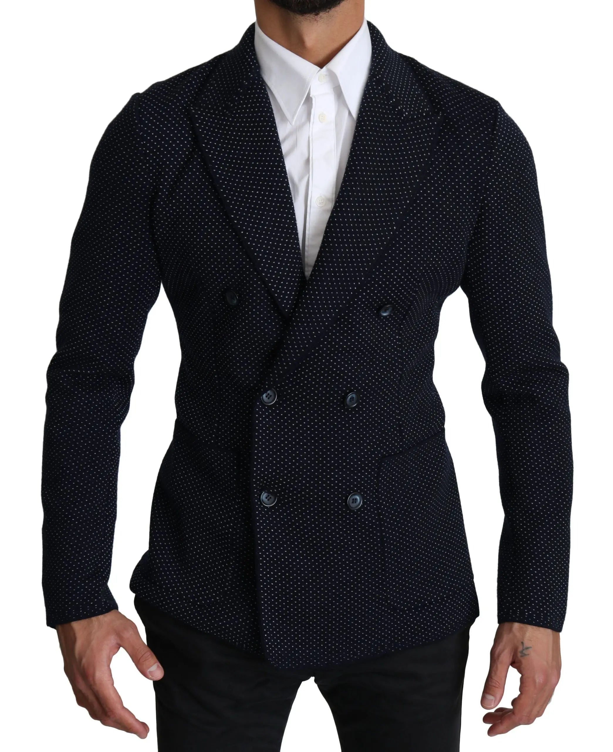 Dolce & Gabbana Dark Blue Dotted Double Breasted Coat Blazer - Zeiniez