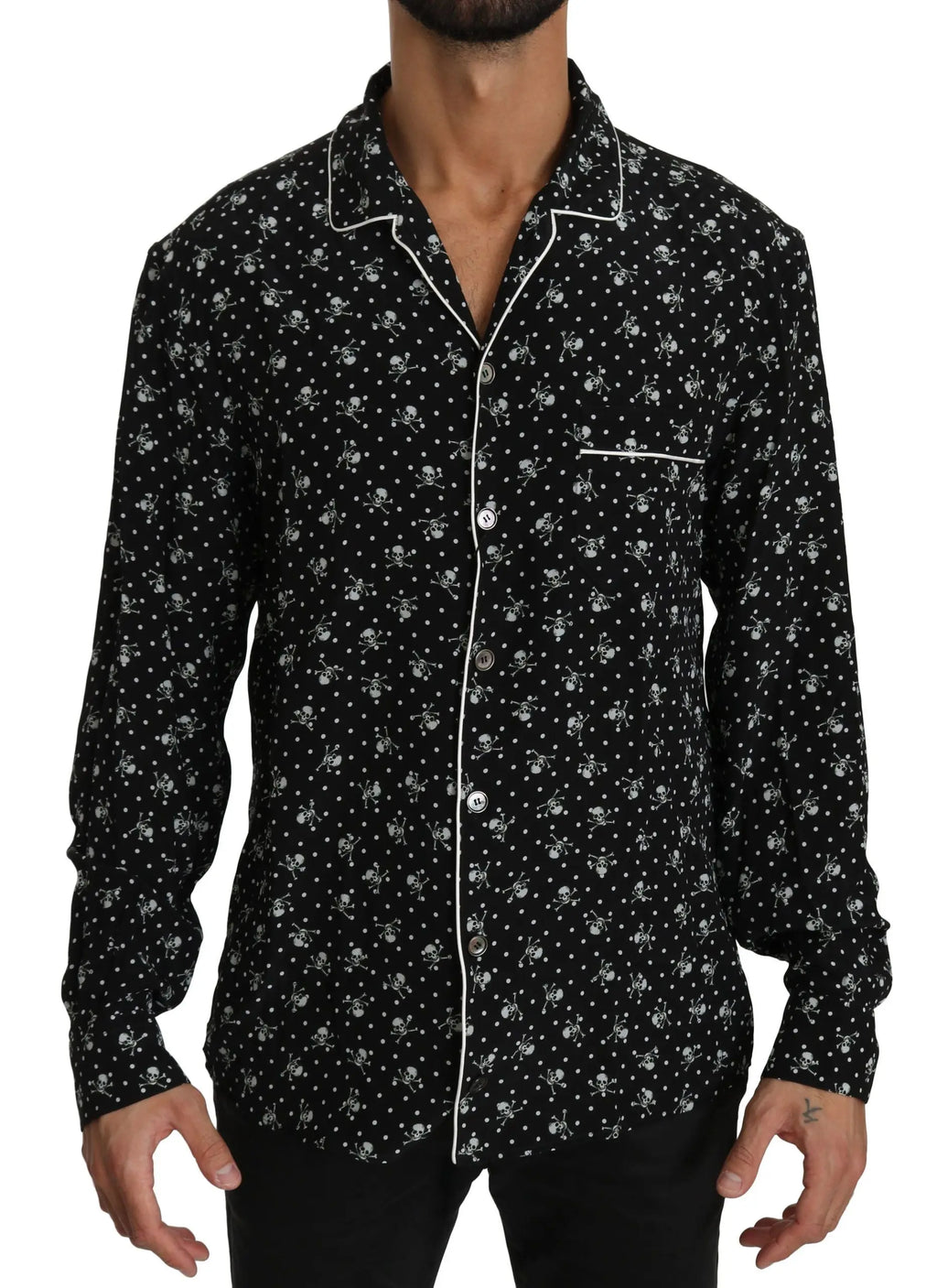 Dolce & Gabbana Black Skull Print Silk Sleepwear Shirt - Zeiniez