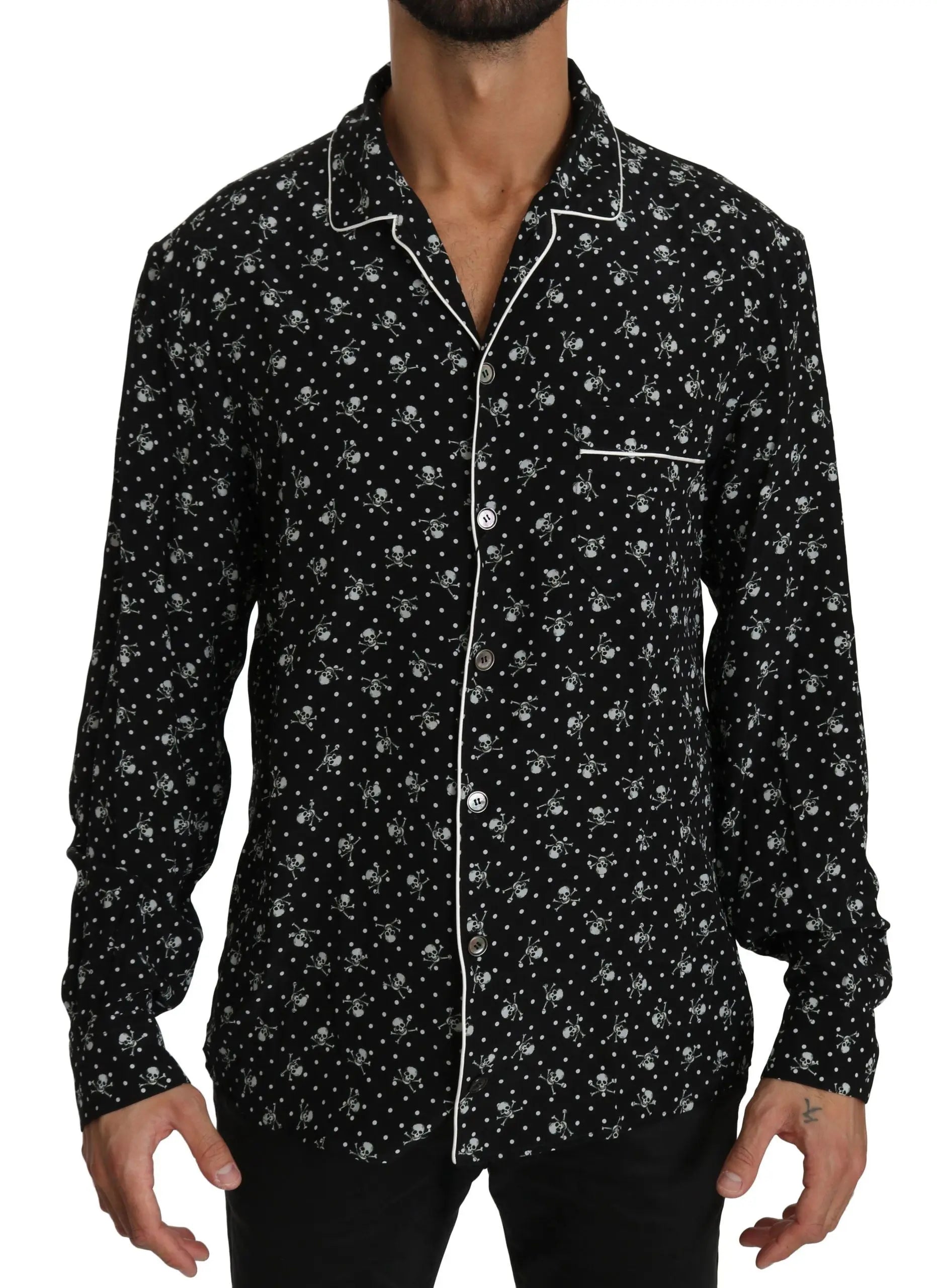 Dolce & Gabbana Black Skull Print Silk Sleepwear Shirt - Zeiniez