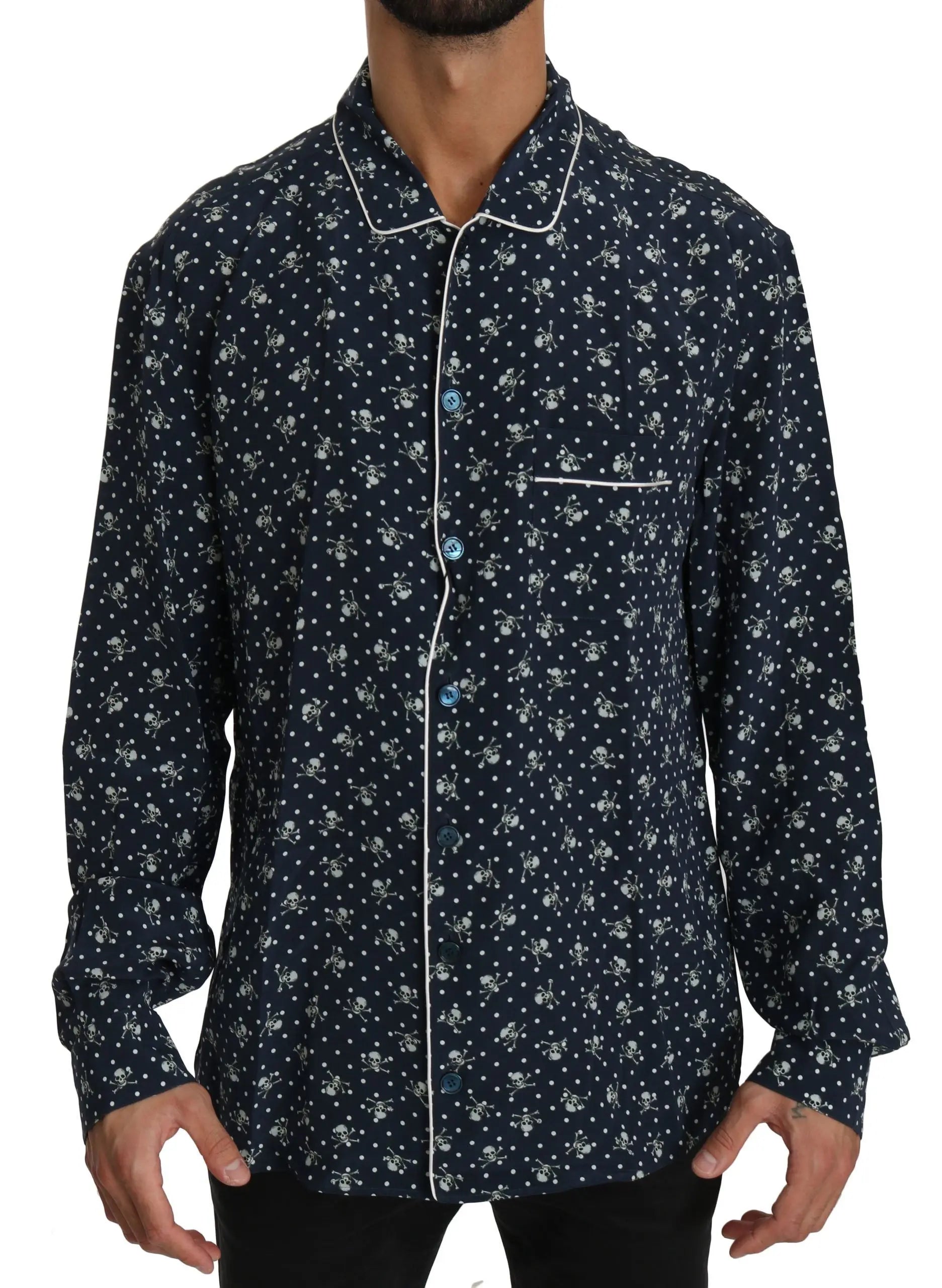 Dolce & Gabbana Blue Skull Print Silk Top Sleepwear Shirt - Zeiniez