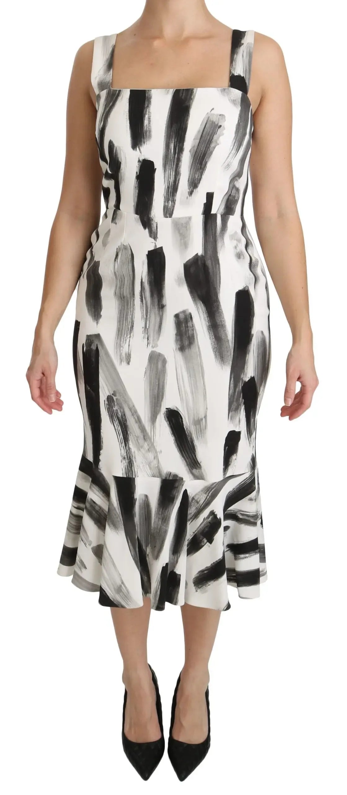 Dolce & Gabbana White Black Printed Sheath Midi Viscose Dress - Zeiniez