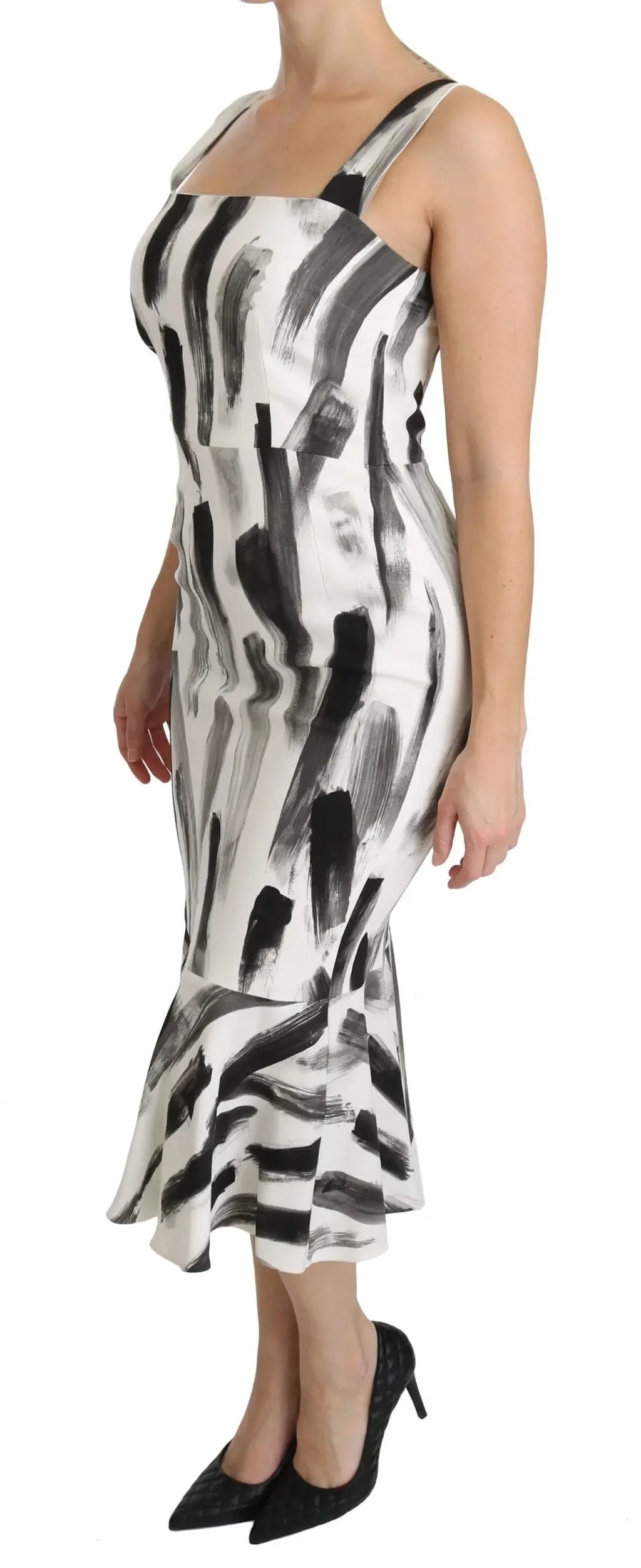Dolce & Gabbana White Black Printed Sheath Midi Viscose Dress - Zeiniez