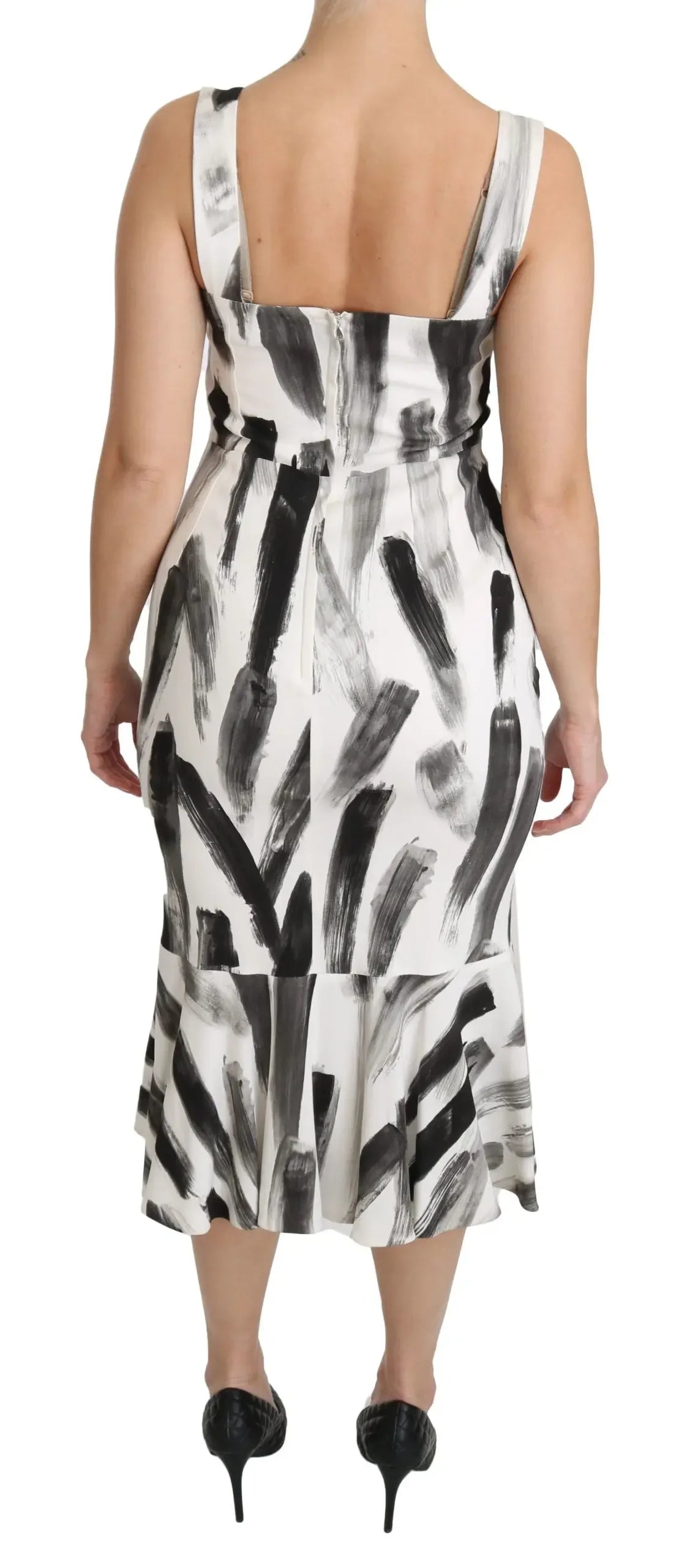 Dolce & Gabbana White Black Printed Sheath Midi Viscose Dress - Zeiniez