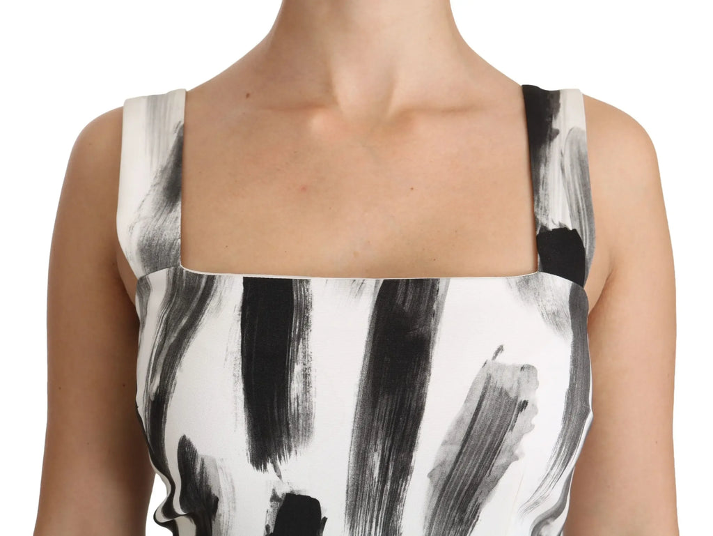 Dolce & Gabbana White Black Printed Sheath Midi Viscose Dress - Zeiniez