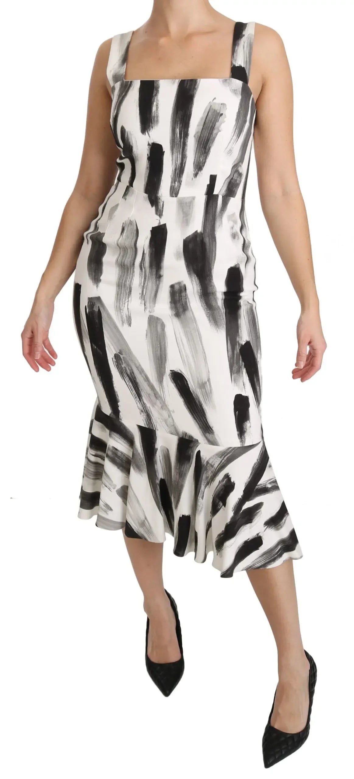 Dolce & Gabbana White Black Printed Sheath Midi Viscose Dress - Zeiniez