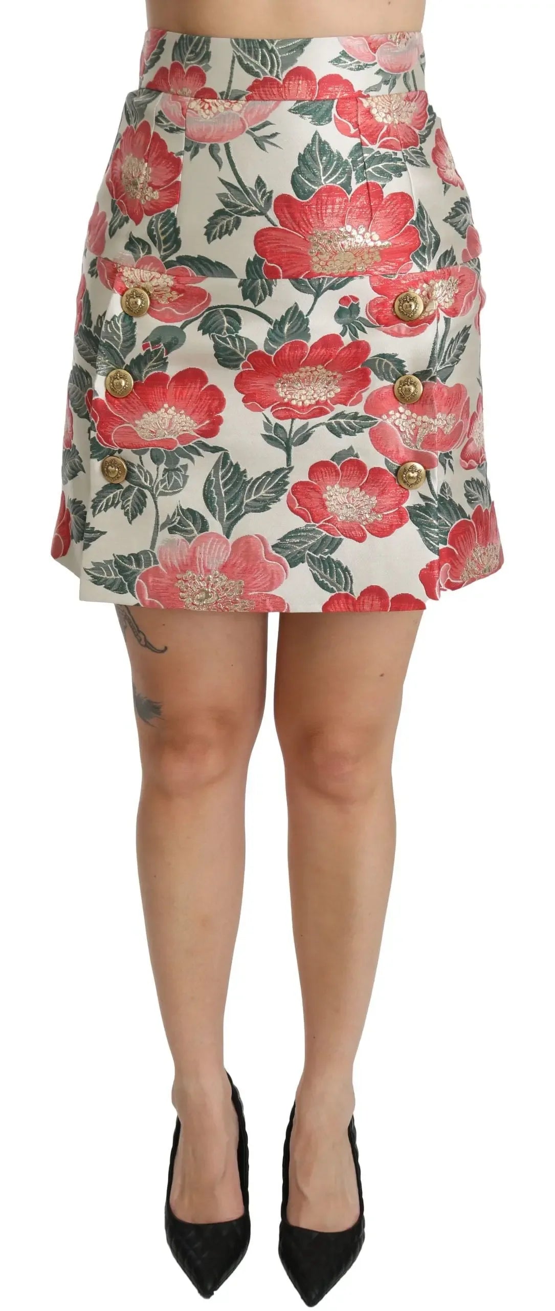 Dolce & Gabbana White Green Red Floral High Waist Mini Skirt - Zeiniez