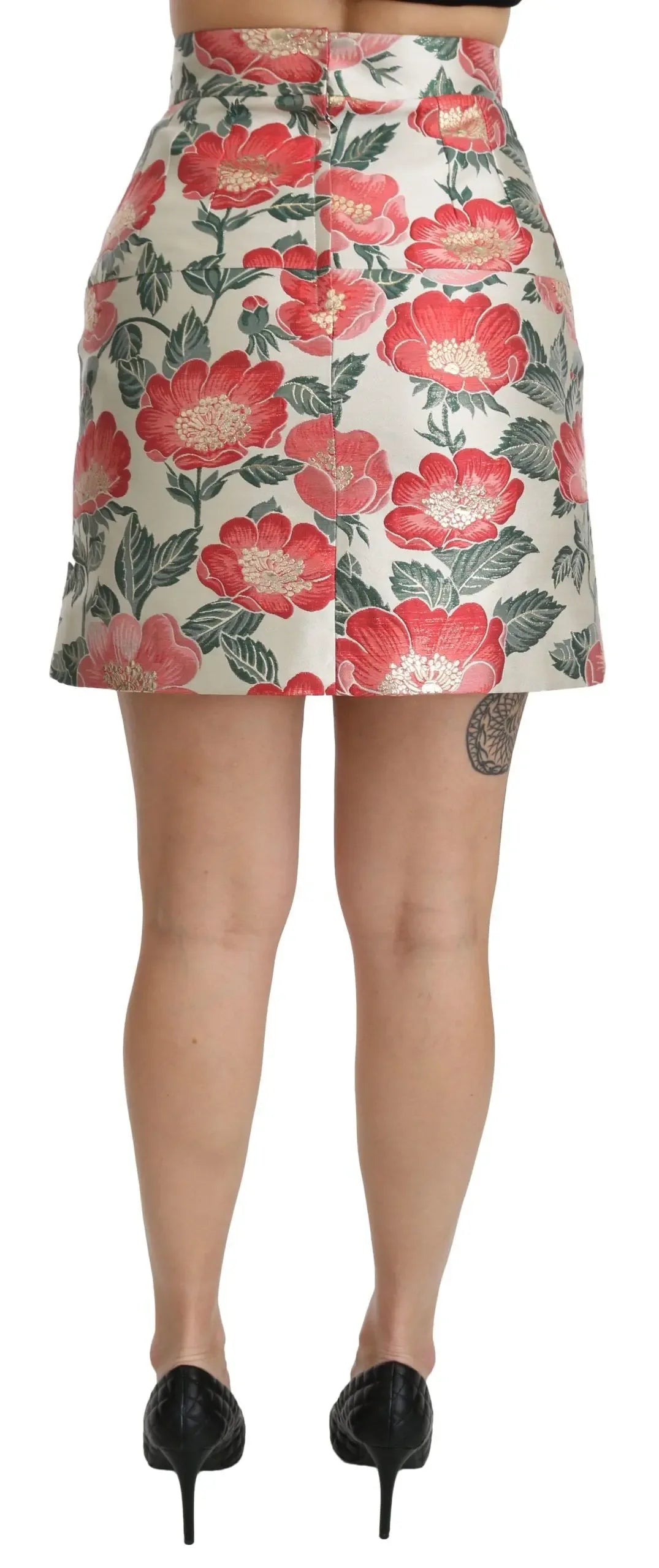 Dolce & Gabbana White Green Red Floral High Waist Mini Skirt - Zeiniez