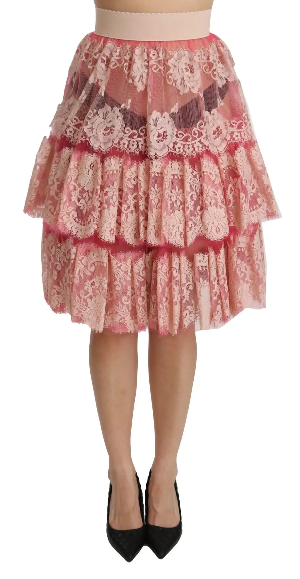 Dolce & Gabbana Pink Lace Layered High Waist Knee Length Skirt - Zeiniez