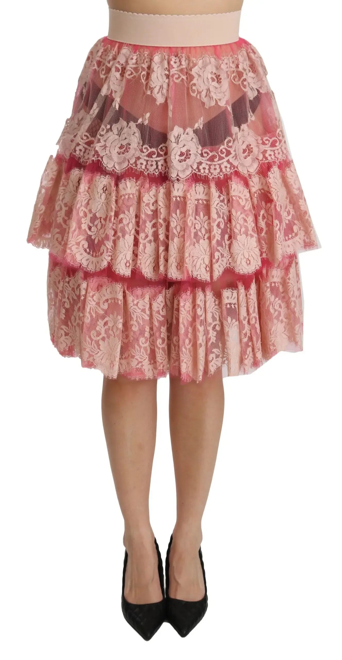 Dolce & Gabbana Pink Lace Layered High Waist Knee Length Skirt - Zeiniez