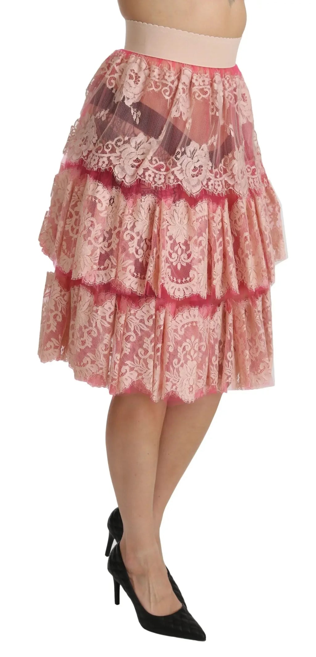 Dolce & Gabbana Pink Lace Layered High Waist Knee Length Skirt - Zeiniez