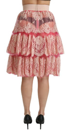 Dolce & Gabbana Pink Lace Layered High Waist Knee Length Skirt - Zeiniez