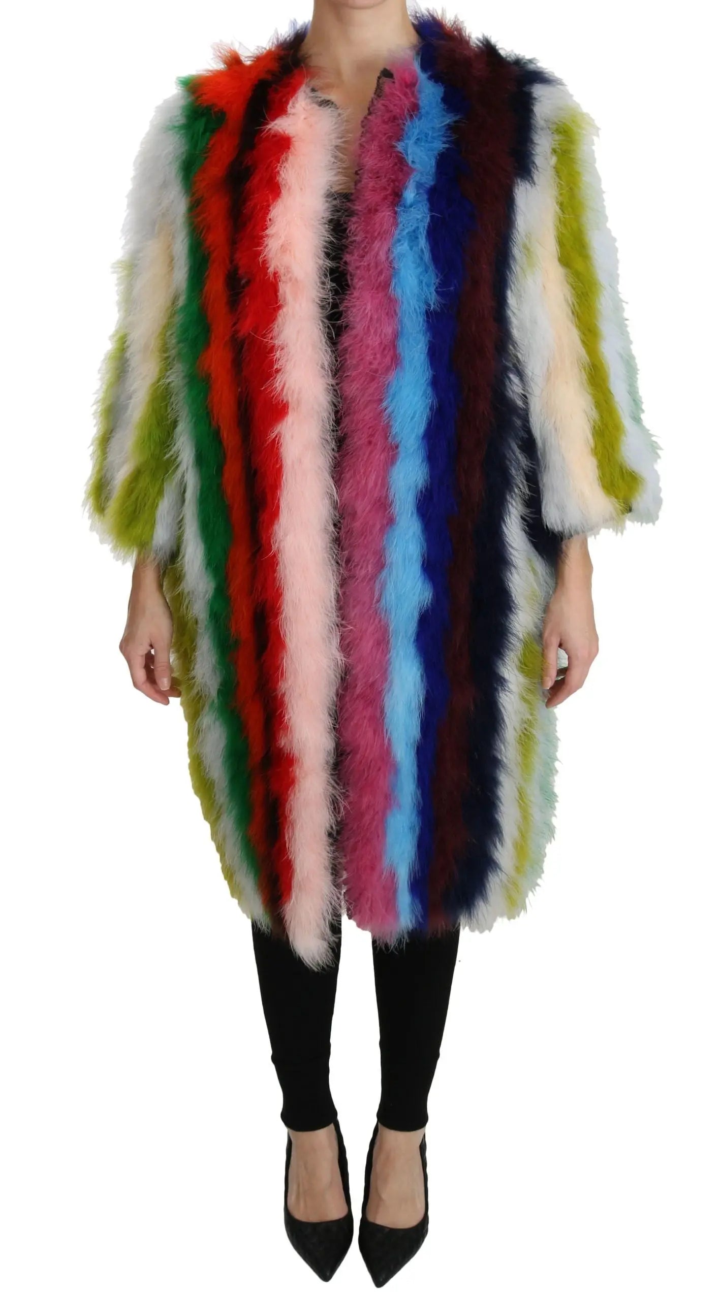 Dolce & Gabbana Multicolor Turkey Feather Cape Fur Coat - Zeiniez