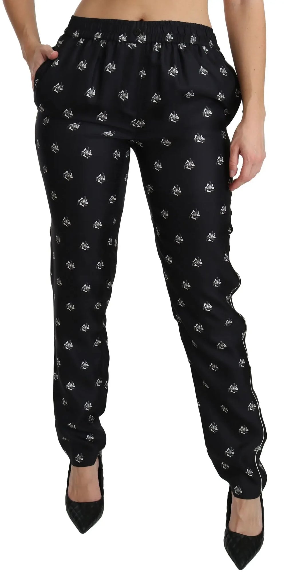 Dolce & Gabbana Black Printed Mid Waist Skinny Silk Pants - Zeiniez