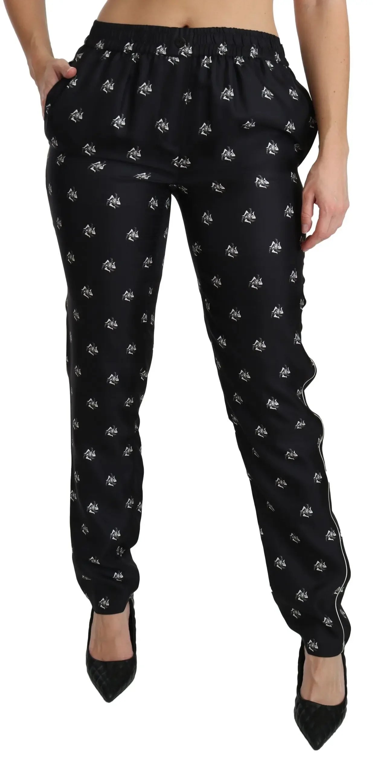 Dolce & Gabbana Black Printed Mid Waist Skinny Silk Pants - Zeiniez