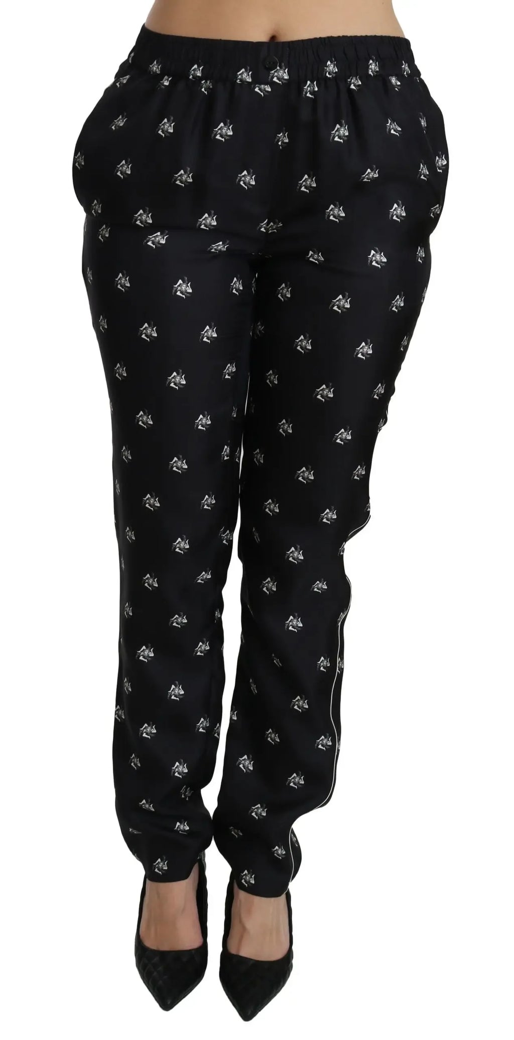 Dolce & Gabbana Black Printed Mid Waist Skinny Silk Pants - Zeiniez