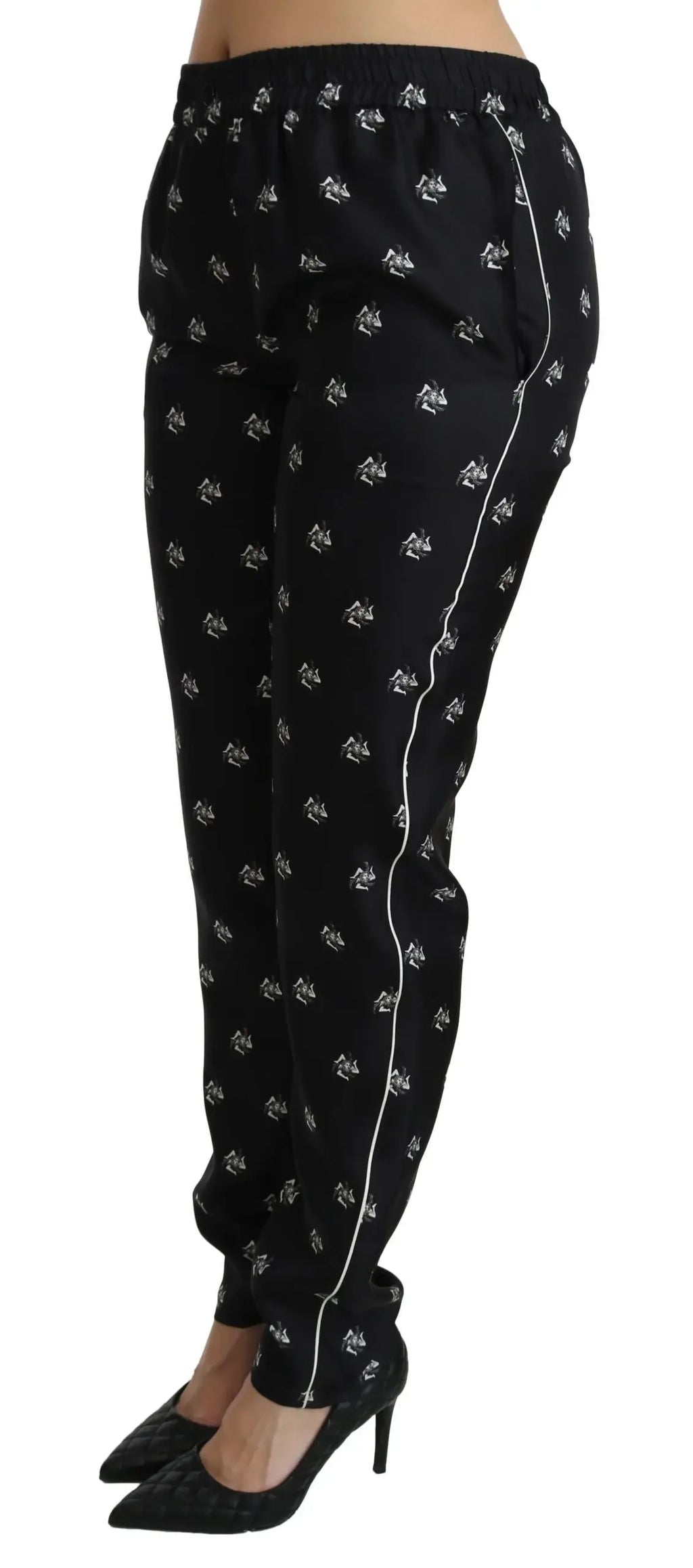 Dolce & Gabbana Black Printed Mid Waist Skinny Silk Pants - Zeiniez