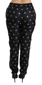 Dolce & Gabbana Black Printed Mid Waist Skinny Silk Pants - Zeiniez