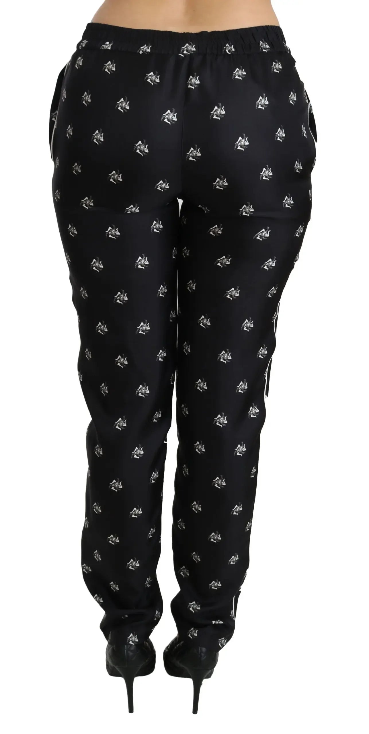 Dolce & Gabbana Black Printed Mid Waist Skinny Silk Pants - Zeiniez
