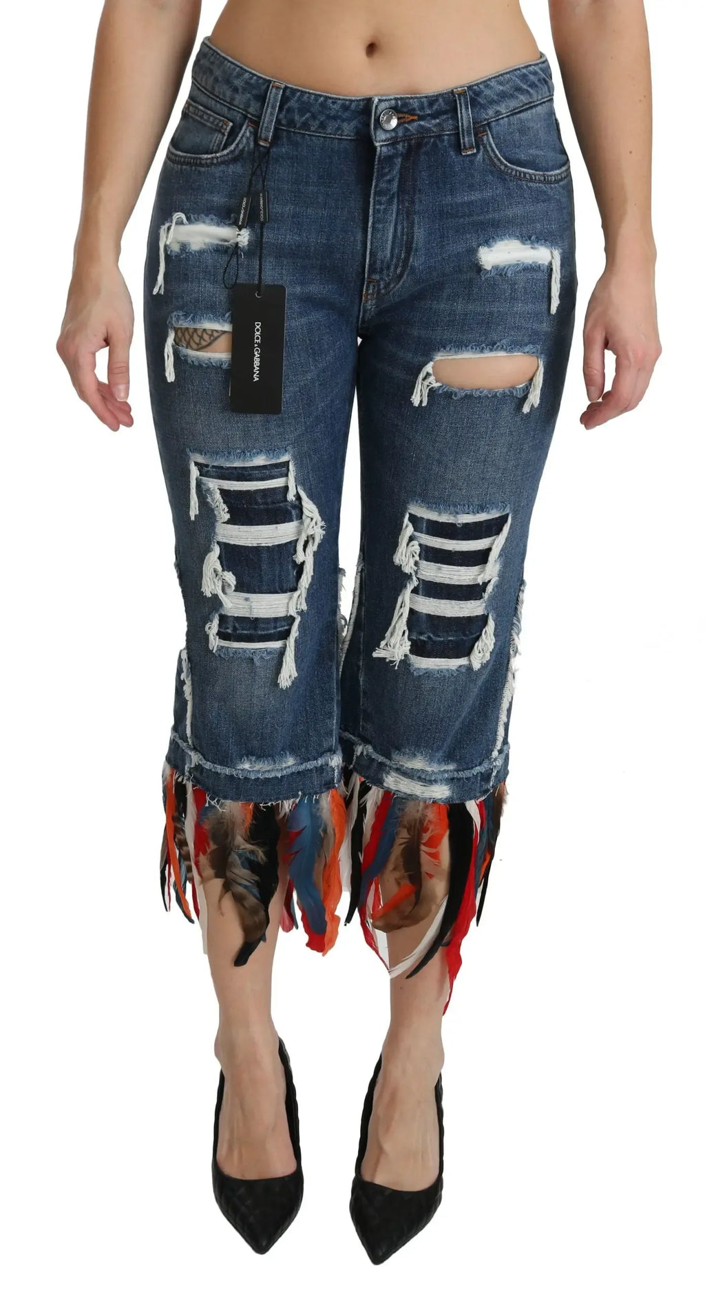 Dolce & Gabbana Blue Feathers Low Waist Cropped Cotton Jeans - Zeiniez