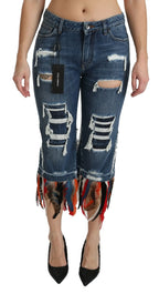 Dolce & Gabbana Blue Feathers Low Waist Cropped Cotton Jeans - Zeiniez